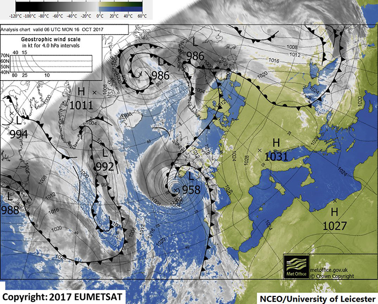 Figure 2. Synoptic weather chart with a false-colour infrared SEVIRI channel 9 image overlain at 6UTC on 16/10/2017.